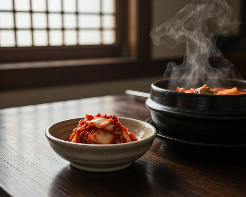 A cinematic, vintage film-style shot of a modern Korean dining table.