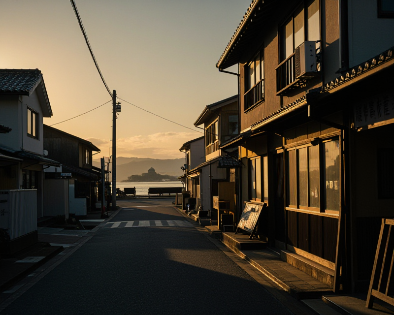 A cinematic view of a Japanese town at dusk