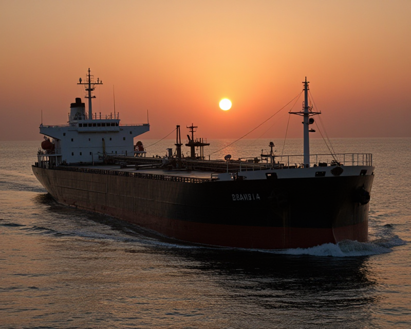 A cinematic view of a tanker in the Strait of Hormuz