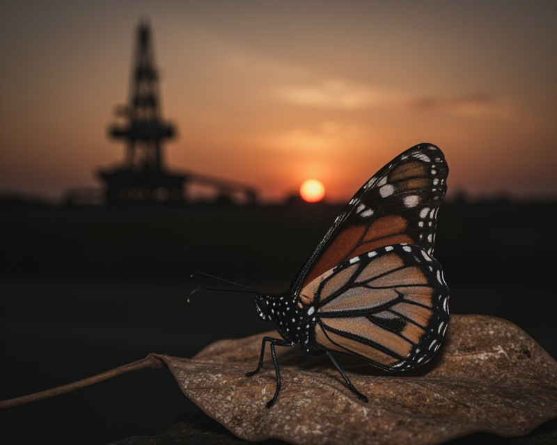 A cinematic close-up of a fragile monarch butterfly resting on a dry, textured leaf. In the far distance, the hazy and blurred silhouette of an industrial oil rig stands against a sunset sky. The lighting is moody with deep amber and soft golden tones, creating a sense of melancholy. Vintage film aesthetic with fine grain, high contrast, and rich textures, 35mm lens style, evocative atmosphere.