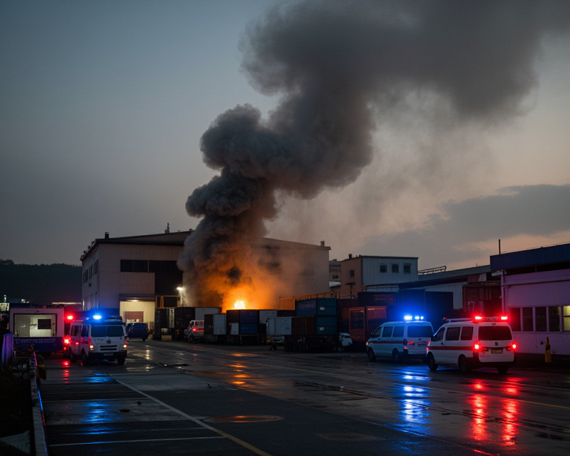 Atmospheric view of the logistics center fire scene